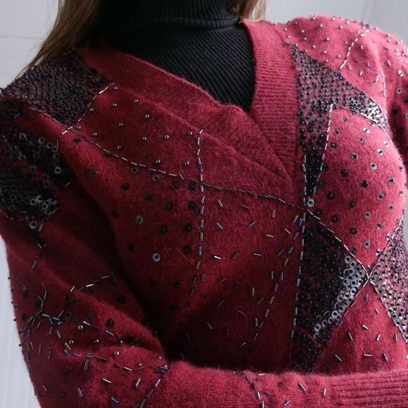 Burgundy angora blend sweater with black beading and sequins‎ - Picture 6 of 7
